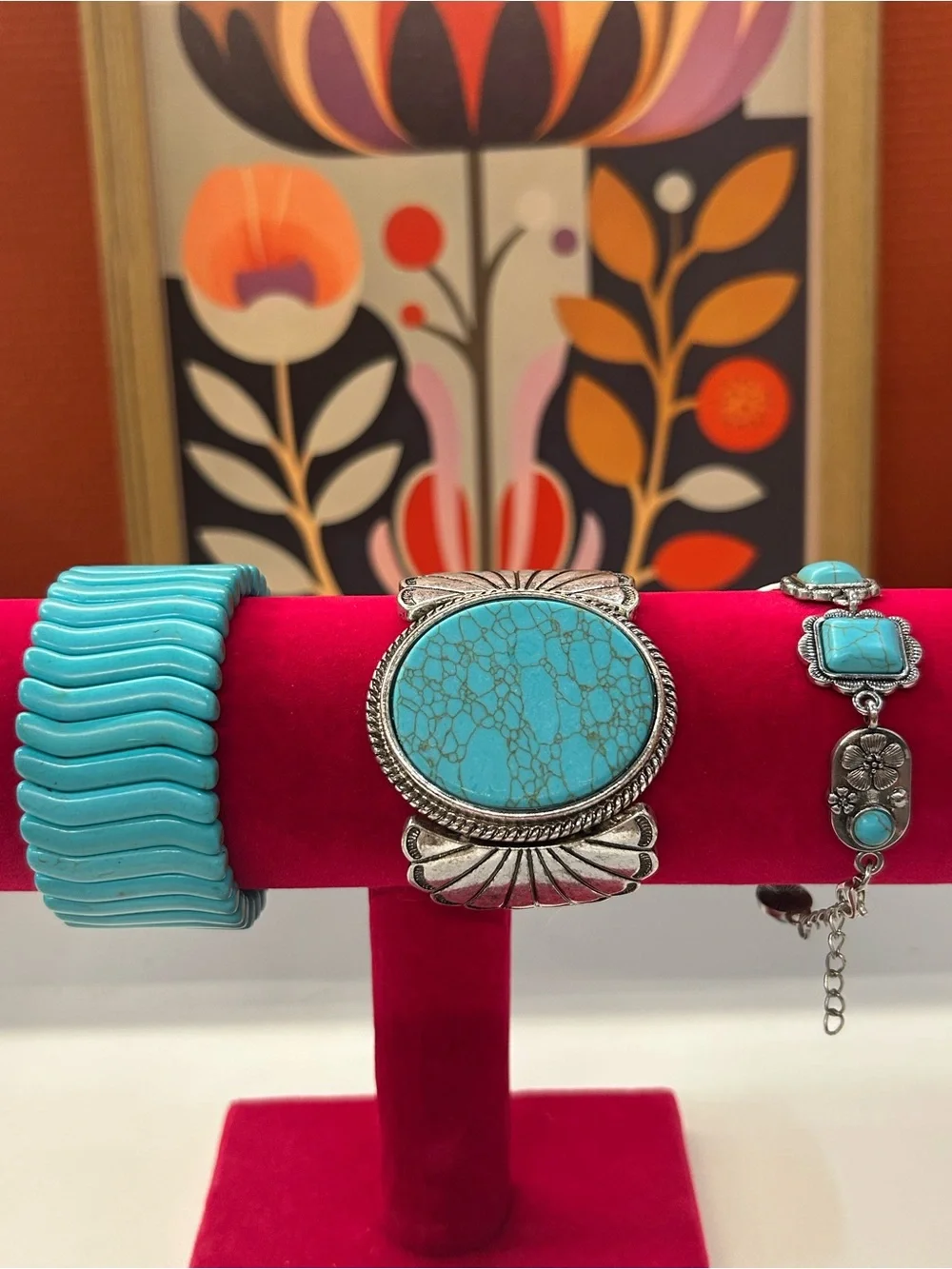 Set of 3 Southwestern bracelets silver tone with Howlite